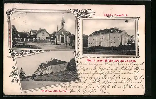 AK Klein-Wolkersdorf, Schloss Frohsdorf, Strassenpartie mit Kirche, Mädchen-Klosterschule