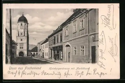 AK Fischamend, Hainburgstrasse mit Marktturm