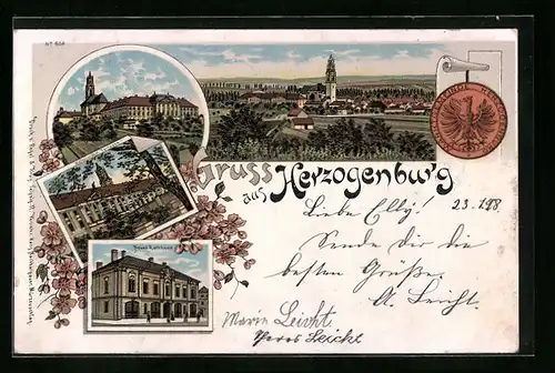 Lithographie Herzogenburg, Restaurant Kellerstübel, Neues Rathaus, Panorama