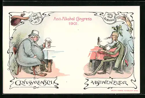 Lithographie Graz, Anti-Alkohol-Kongress 1901, Genussmensch und Abstinenzler