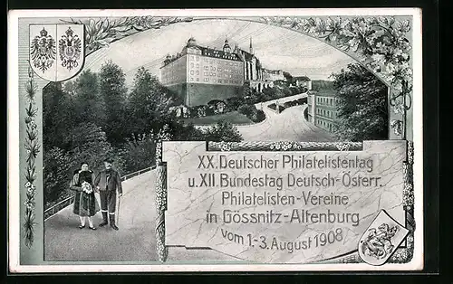 AK Gössnitz-Altenburg, 20. Deutscher Philatelistentag u. 12. Bundestag Dt.-Österr. Philatelisten-Vereine 1908, Ganzsache