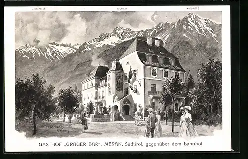 Künstler-AK F.A.C.M. Reisch: Meran, Gasthof Grauer Bär, gegenüber dem Bahnhof