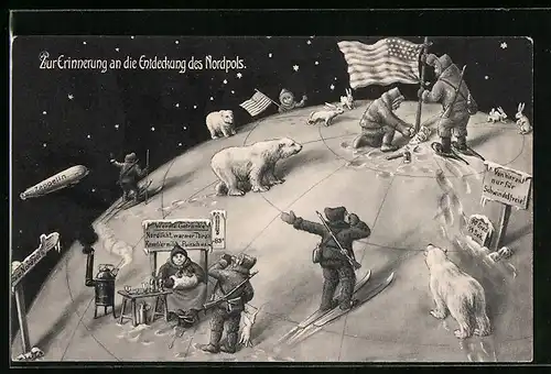 Künstler-AK Erinnerung an die Entdeckung des Nordpols, Inuit mit Eisbären und Zeppelin