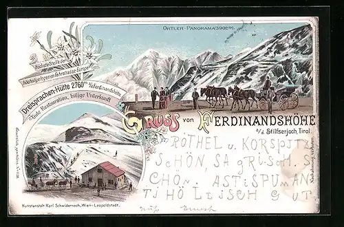 Lithographie Ferdinandshöhe a. d. Stilfserjoch, Dreisprachen-Hütte, Ortler-Panorama