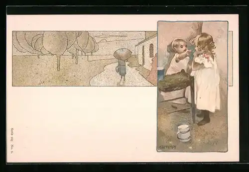 Künstler-AK Gottlieb Theodor Kempf-Hartenkampf: Kleinkind füttert das Schwesterchen, regnerischer Tag