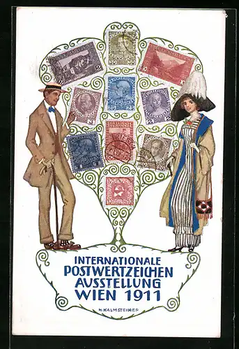 Künstler-AK H. Kalmsteiner: Wien, Internationale Postwertzeichen-Ausstellung 1911, Besondere Briefmarken