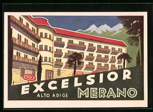 Künstler-AK Merano, Hotel Excelsior mit Sonnenschirmen
