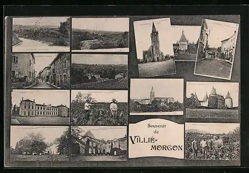 AK Villié-Morgon, Vue générale, La Grande Rue, L`Eglise, Les Ecoles, Le Chateau