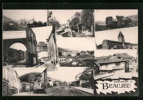 AK Beaujeu, Le Pont Paradis, Place Clémentine, La Gare, Maison Ancienne, Vue générale
