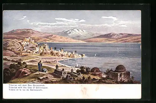 Künstler-AK Friedrich Perlberg: Tiberias, Ortsansicht mit dem See Genezareth