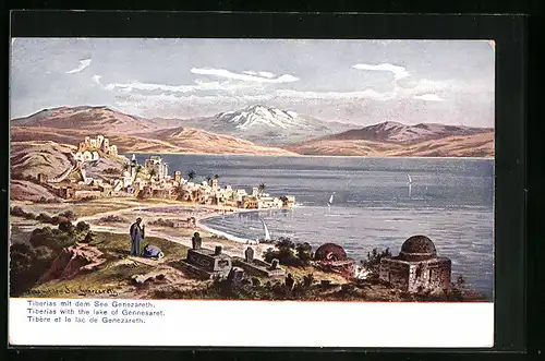 Künstler-AK Friedrich Perlberg: Tiberias, Ortsansicht mit dem See Genezareth