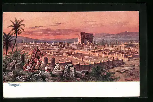 Künstler-AK Friedrich Perlberg: Timgad, Ortsansicht aus der Vogelschau