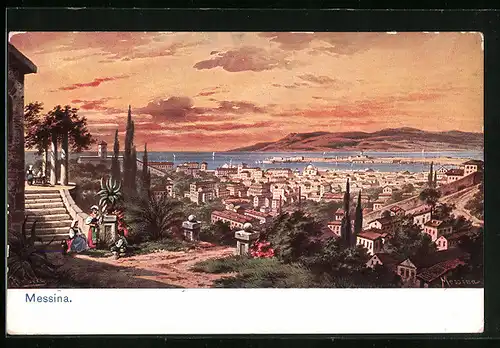 Künstler-AK Friedrich Perlberg: Messina, Ortsansicht aus der Vogelschau