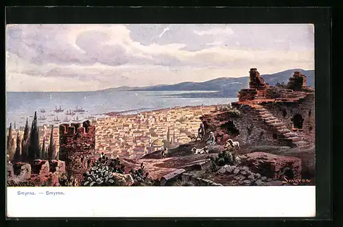Künstler-AK Friedrich Perlberg: Smyrna, Ortsansicht aus der Vogelschau