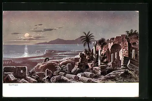 Künstler-AK Friedrich Perlberg: Carthago, Ruinen im Mondschein
