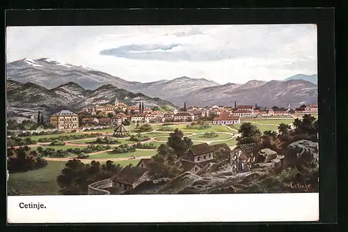 Künstler-AK Friedrich Perlberg: Cetinje, Ortsansicht aus der Vogelschau