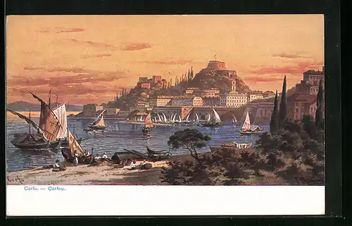 Künstler-AK Friedrich Perlberg: Corfu, Ortsansicht und Hafenpartie