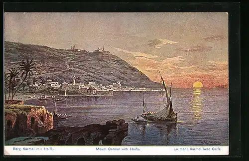 Künstler-AK Friedrich Perlberg: Haifa, Ortsansicht mit Berg Karmel