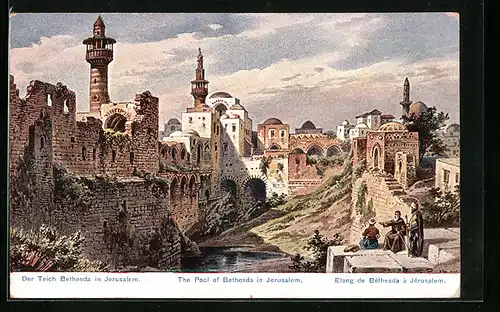 Künstler-AK Friedrich Perlberg: Jerusalem, Blick zum Teich Bethesda