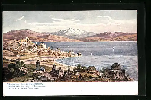 Künstler-AK Friedrich Perlberg: Tiberias, Ortsansicht mit dem See Genezareth