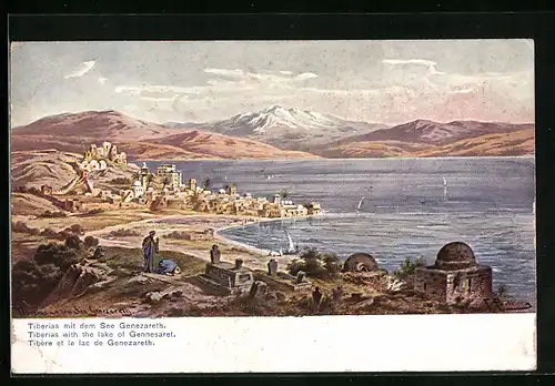 Künstler-AK Friedrich Perlberg: Tiberias, Ortsansicht mit dem See Genezareth
