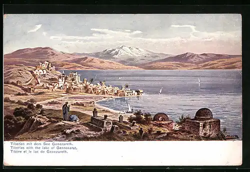 Künstler-AK Friedrich Perlberg: Tiberias, Ortsansicht mit dem See Genezareth
