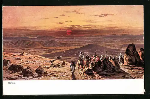 Künstler-AK Friedrich Perlberg: Sahara, Kamelkarawane im Abendrot