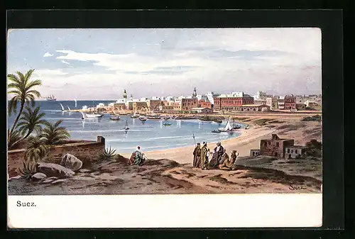 Künstler-AK Friedrich Perlberg: Suez, Blick zum Hafen