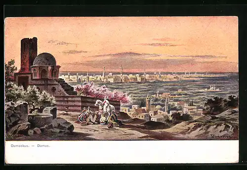 Künstler-AK Friedrich Perlberg: Damaskus, Ortsansicht im Abendrot