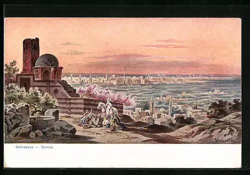 Künstler-AK Friedrich Perlberg: Damaskus, Ortsansicht im Abendrot