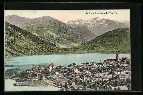 AK Zell am See, Ortsansicht gegen die Tauern