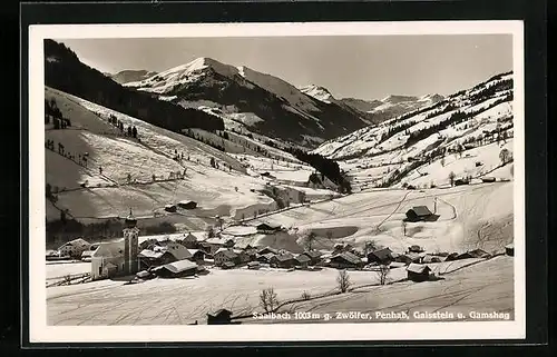 AK Saalbach, Ortsansicht gegen Zwölfer, Penhab, Gaisstein und Gamshag