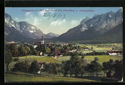 AK Grossgmain, Ortsansicht mit Untersberg und Lattengebirge