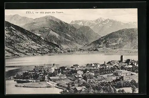 AK Zell am See, Ortsansicht gegen die Tauern