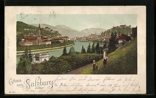AK Salzburg, Ortsansicht und Flusspartie aus der Vogelschau