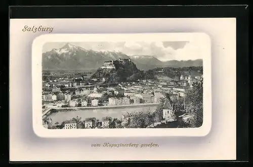 AK Salzburg, Ortsansicht vom Kapuzinerberg gesehen, Passepartout