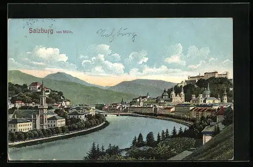 AK Salzburg, Ortsansicht und Flusspartie von Mülln gesehen