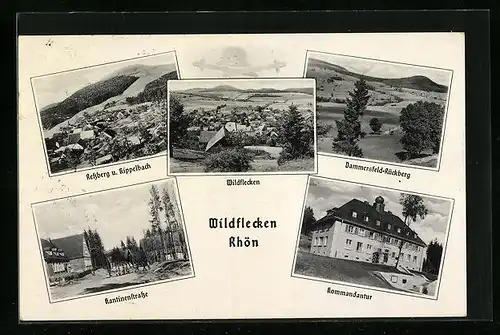 AK Wildflecken /Rhön, Ortsansicht, Kantinenstrasse, Kommandantur, Dammersfeld-Rückberg, Retzberg und Kippelbach
