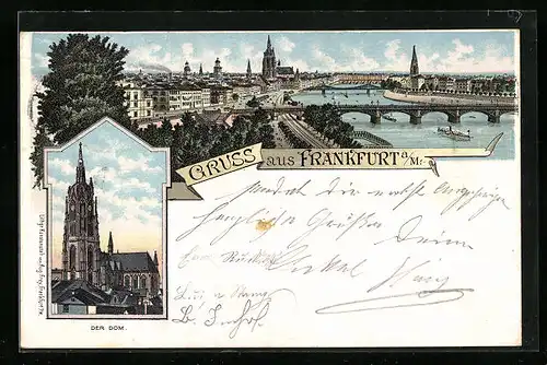 Lithographie Alt-Frankfurt, Ortsansicht mit Brücke, Dom