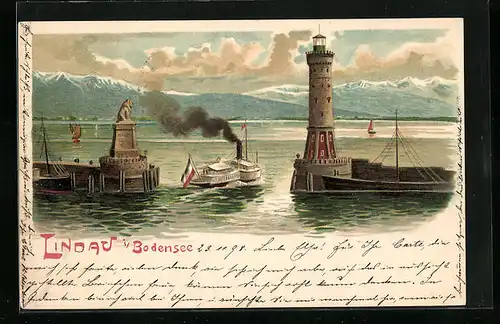 Lithographie Lindau i. Bodensee, Dampfer passiert die Hafenausfahrt