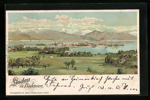 Lithographie Lindau i. Bodensee, Ortsansicht aus der Vogelschau