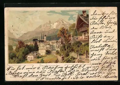 Lithographie Berchtesgaden, Ortspartie aus der Vogelschau