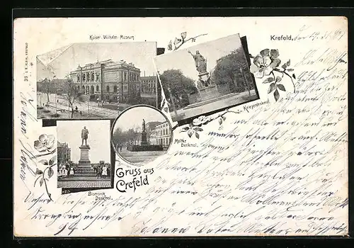 AK Krefeld, Kaiser-Wilhelm-Museum, Bismarck-Denkmal und Kriegerdenkmal