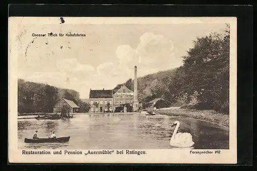 AK Ratingen, Restauration und Pension Auermühle, Grosser Teich für Kahnfahrten