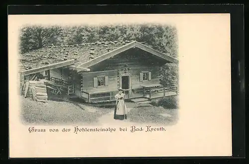 AK Bad Kreuth, Frau in Tracht an der Hohlensteinalpe