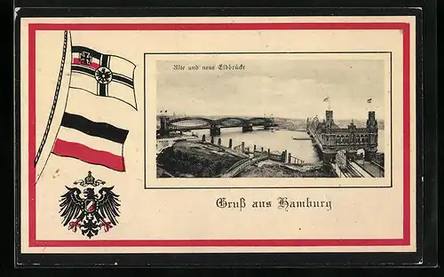 AK Hamburg-Rothenburgsort, Alte und neue Elbbrücke, Reichskriegsflagge, Passepartout
