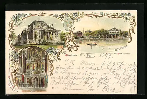 Lithographie Wiesbaden, Theater, Kurhaus mit Musikpavillon, Griechische Kapelle