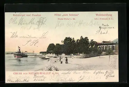 AK Nieder-Walluf, Uferpartie, Dampfer an der Anlegestelle