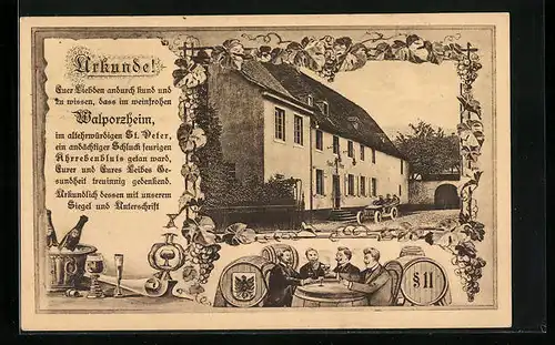 AK Walporzheim, Weingut St. Peter, Männer beim Wein, Urkunde über Weingenuss