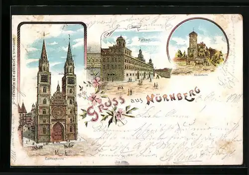 Lithographie Nürnberg, Lorenzkirche, Rathaus und Heidenturm